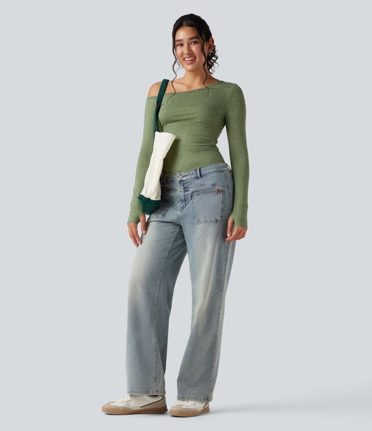 One Shoulder Long Sleeve Thumb Hole Casual Top