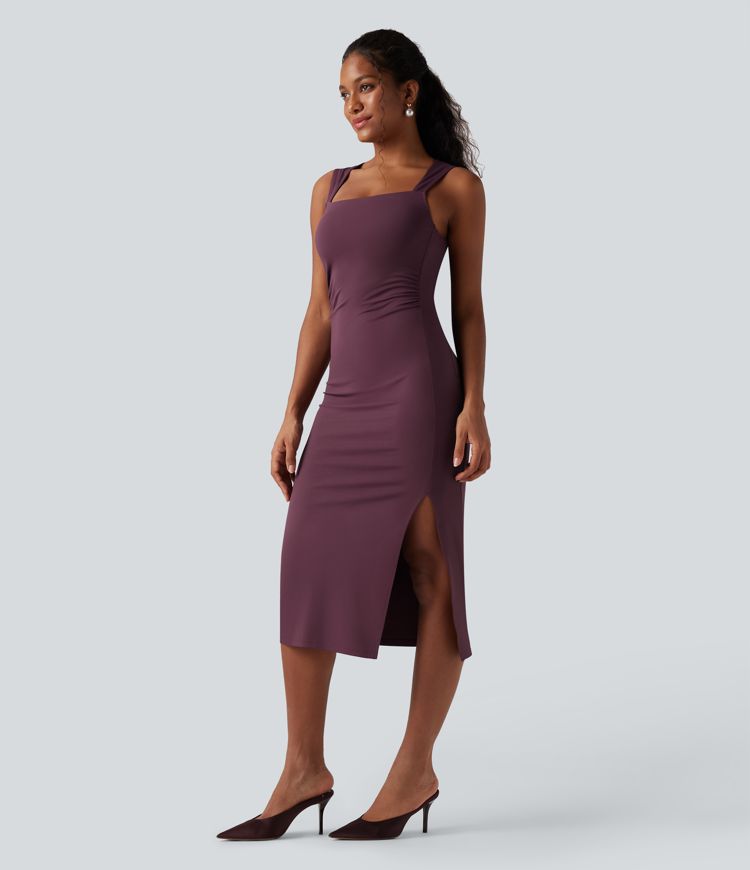 Square Neck Sleeveless Cut Out Tie Back Bodycon Midi Dress