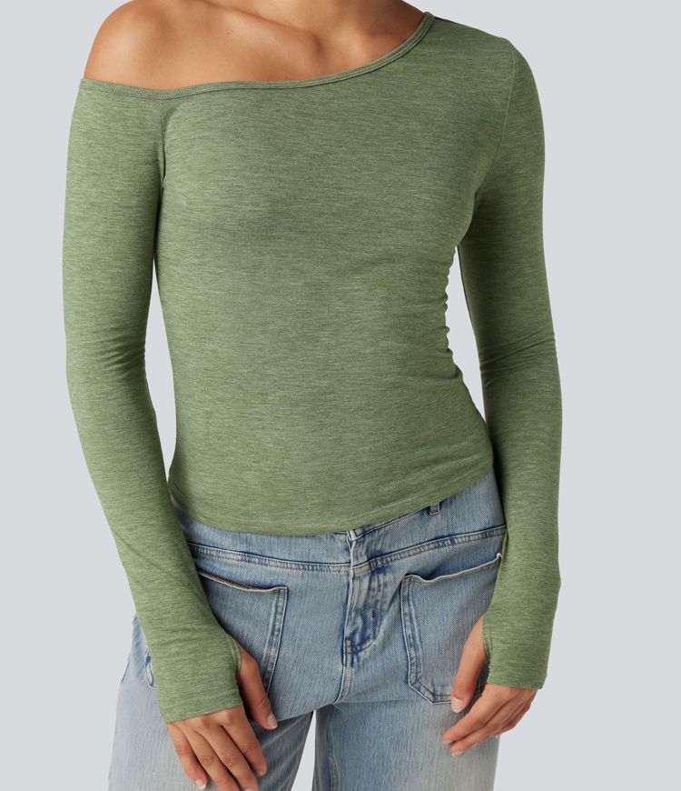 One Shoulder Long Sleeve Thumb Hole Casual Top