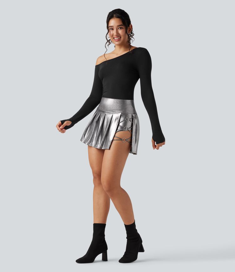 SoftlyZero™ Faux Leather High Waisted 2-in-1 Pleated Sparkle Foil Print Stretchy Mini Skirt with Pockets