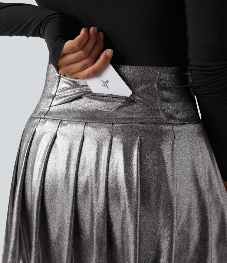 SoftlyZero™ Faux Leather High Waisted 2-in-1 Pleated Sparkle Foil Print Stretchy Mini Skirt with Pockets