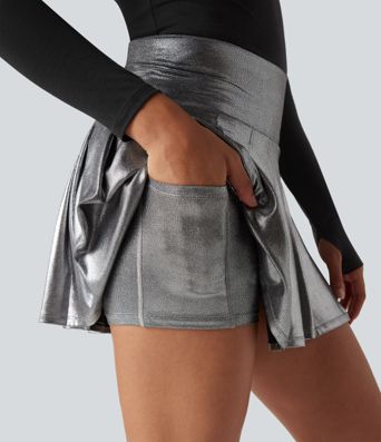 SoftlyZero™ Faux Leather High Waisted 2-in-1 Pleated Sparkle Foil Print Stretchy Mini Skirt with Pockets