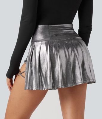 SoftlyZero™ Faux Leather High Waisted 2-in-1 Pleated Sparkle Foil Print Stretchy Mini Skirt with Pockets