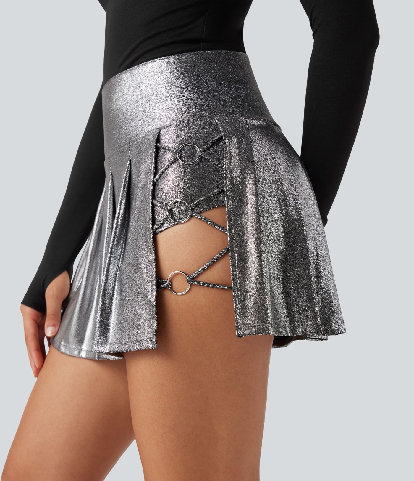 SoftlyZero™ Faux Leather High Waisted 2-in-1 Pleated Sparkle Foil Print Stretchy Mini Skirt with Pockets
