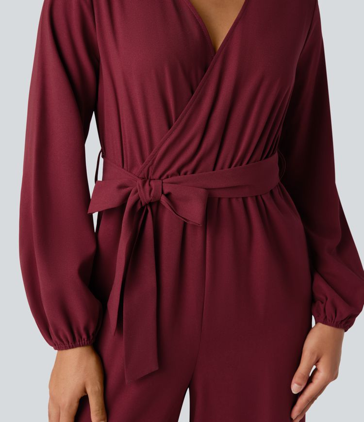 Party-Jumpsuit mit V-Ausschnitt, Seitentaschen, Puffärmeln, Gürtel und weitem Bein