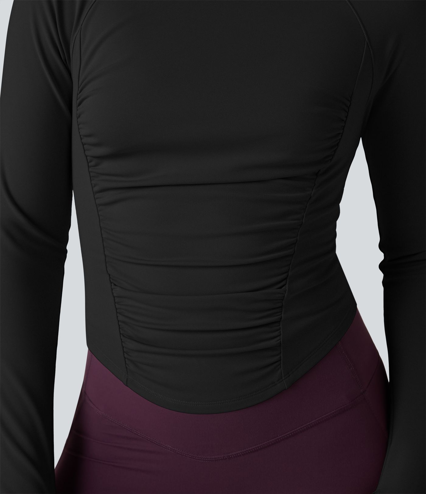 Round Neck Long Sleeve Thumb Holes Ruched Curved Hem Fleece Workout Sports Top