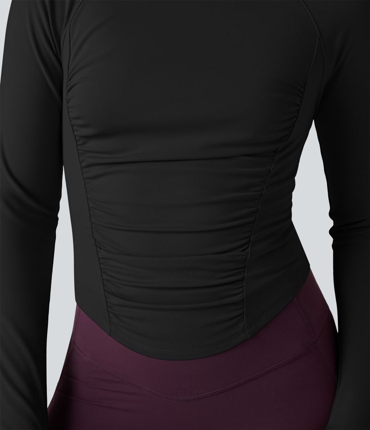 Round Neck Long Sleeve Thumb Holes Ruched Curved Hem Fleece Workout Sports Top