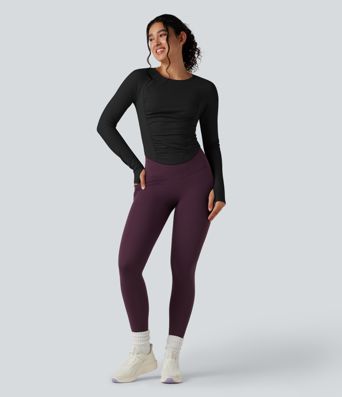 Round Neck Long Sleeve Thumb Holes Ruched Curved Hem Fleece Workout Sports Top