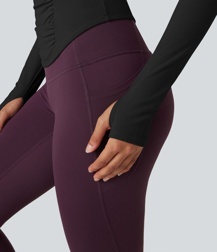 Round Neck Long Sleeve Thumb Holes Ruched Curved Hem Fleece Workout Sports Top