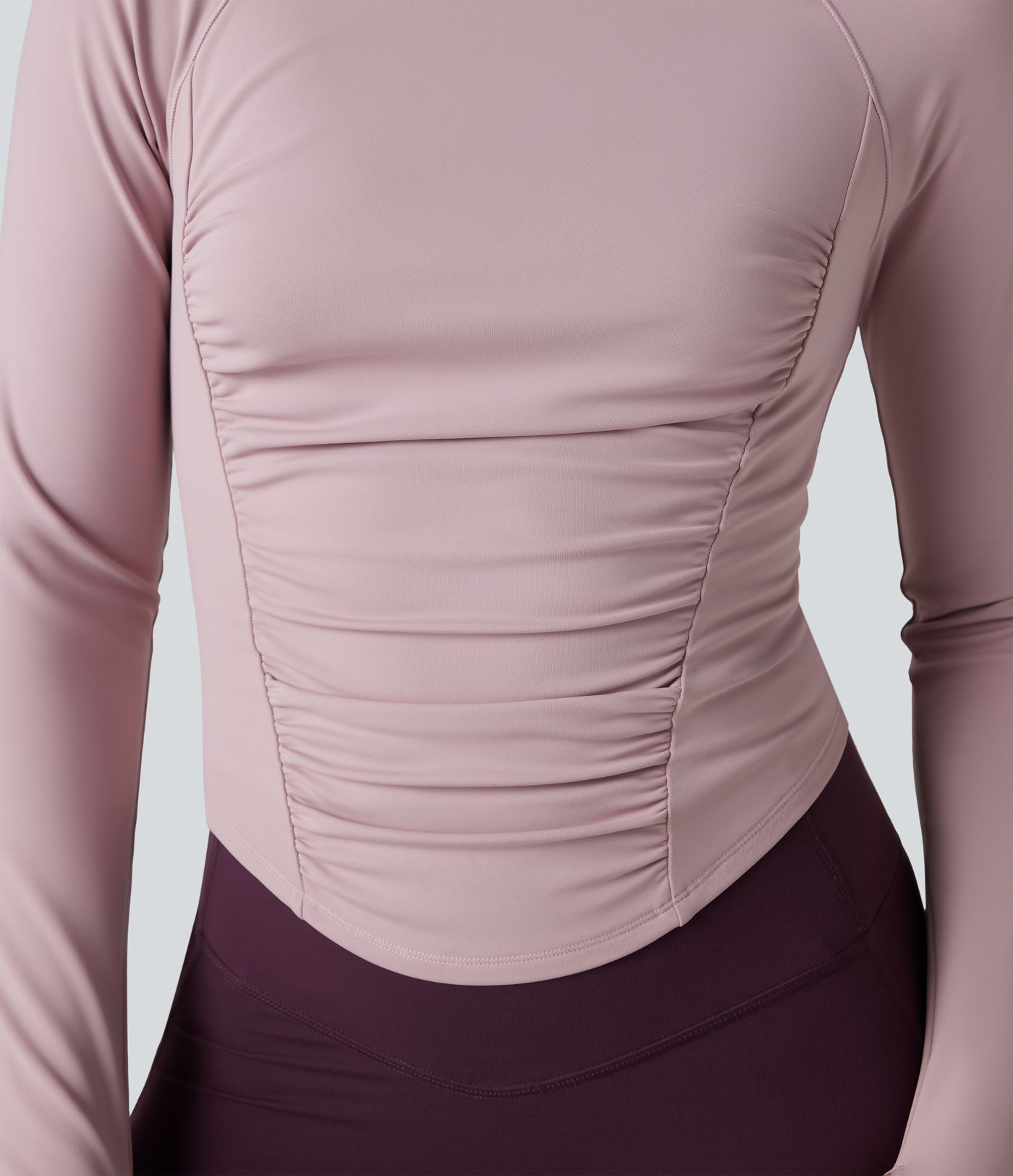 Round Neck Long Sleeve Thumb Holes Ruched Curved Hem Fleece Workout Sports Top
