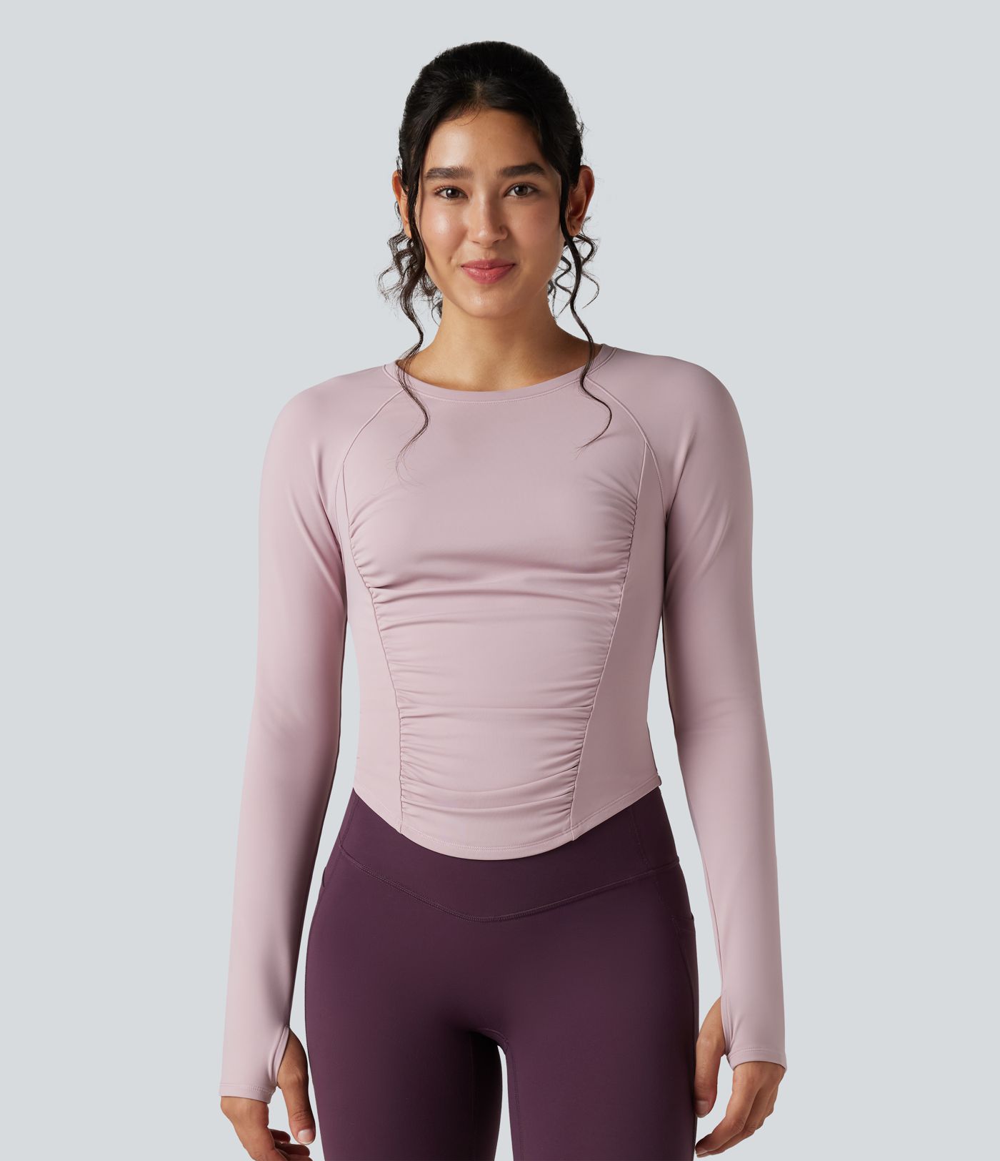 Round Neck Long Sleeve Thumb Holes Ruched Curved Hem Fleece Workout Sports Top