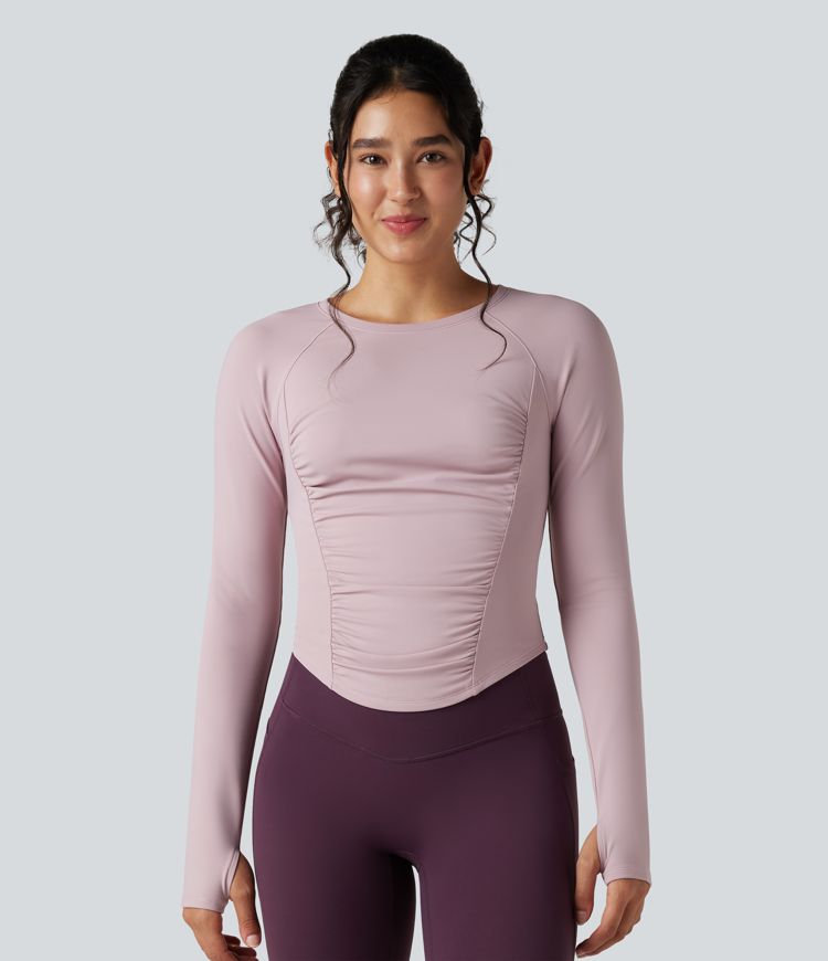 Round Neck Long Sleeve Thumb Holes Ruched Curved Hem Fleece Workout Sports Top