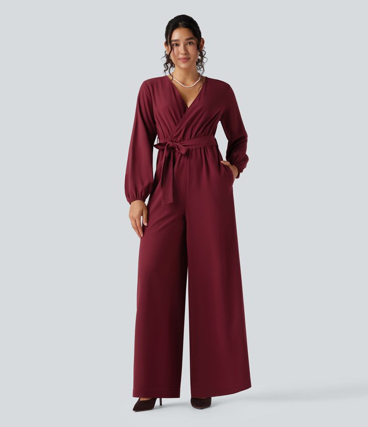 Party-Jumpsuit mit V-Ausschnitt, Seitentaschen, Puffärmeln, Gürtel und weitem Bein