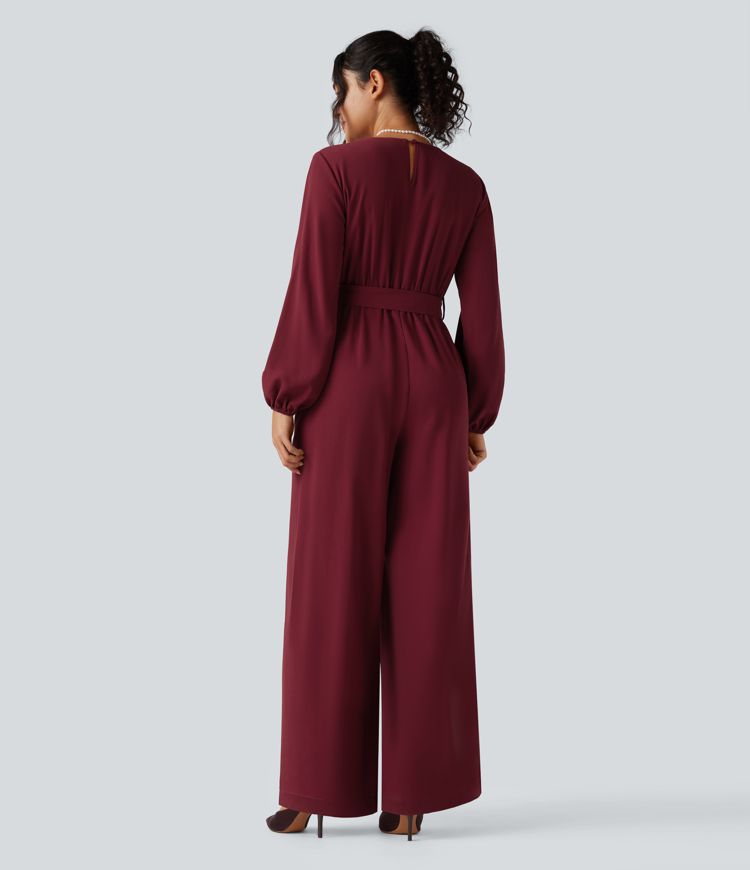 Party-Jumpsuit mit V-Ausschnitt, Seitentaschen, Puffärmeln, Gürtel und weitem Bein