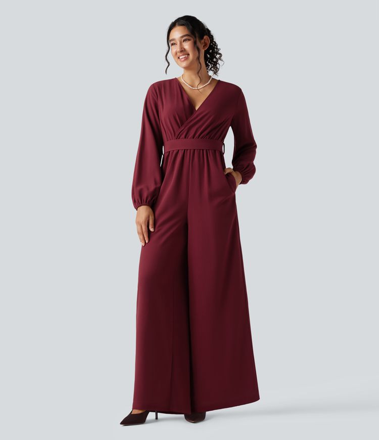 Party-Jumpsuit mit V-Ausschnitt, Seitentaschen, Puffärmeln, Gürtel und weitem Bein