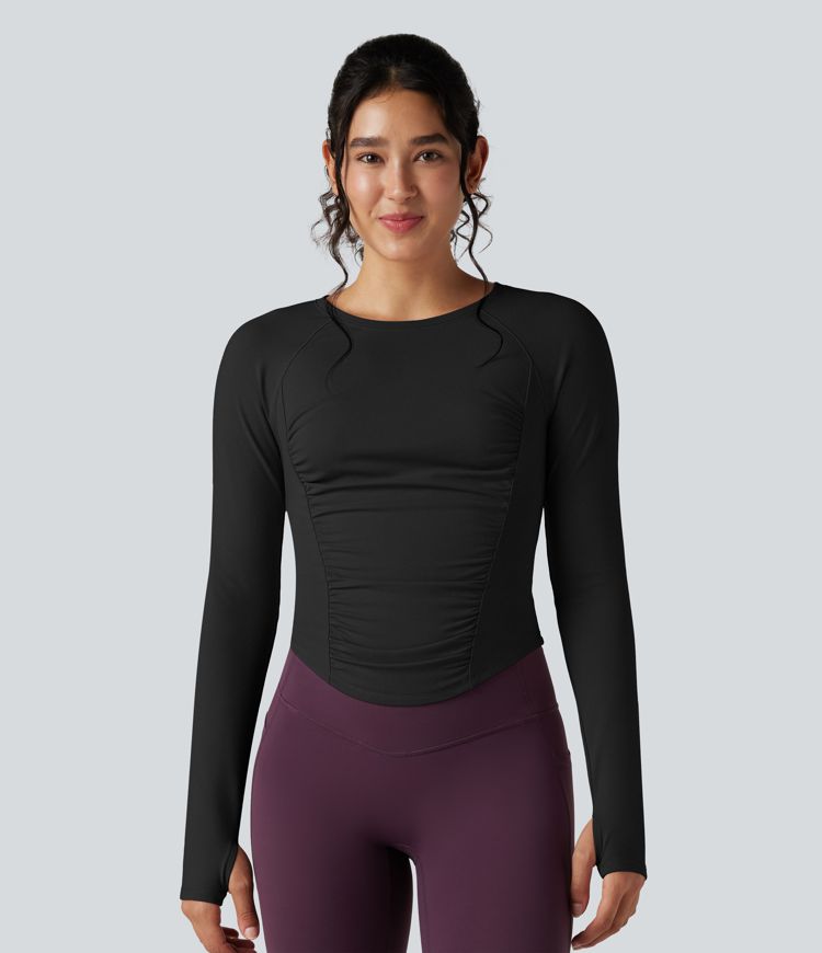 Round Neck Long Sleeve Thumb Holes Ruched Curved Hem Fleece Workout Sports Top