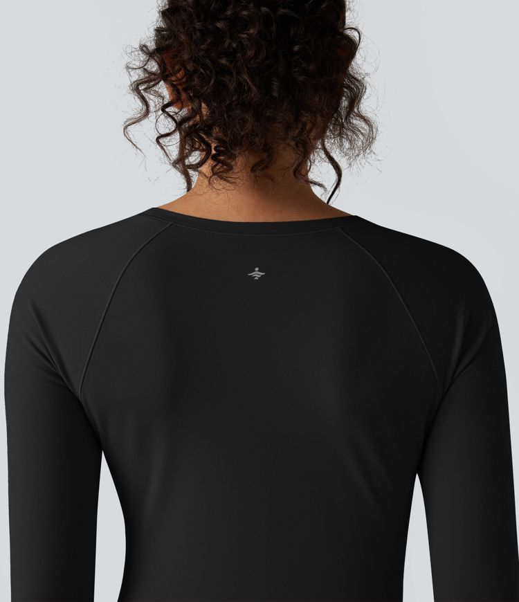 Round Neck Long Sleeve Thumb Holes Ruched Curved Hem Fleece Workout Sports Top