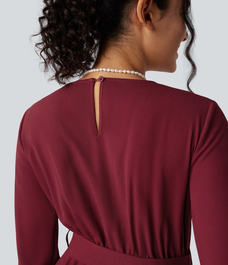 Party-Jumpsuit mit V-Ausschnitt, Seitentaschen, Puffärmeln, Gürtel und weitem Bein