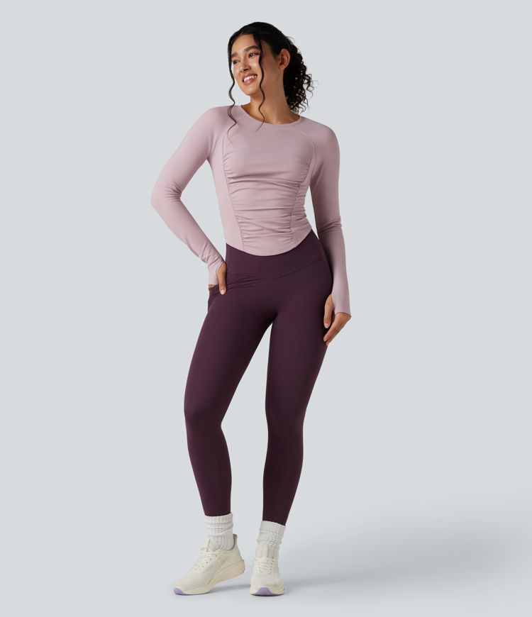 Round Neck Long Sleeve Thumb Holes Ruched Curved Hem Fleece Workout Sports Top