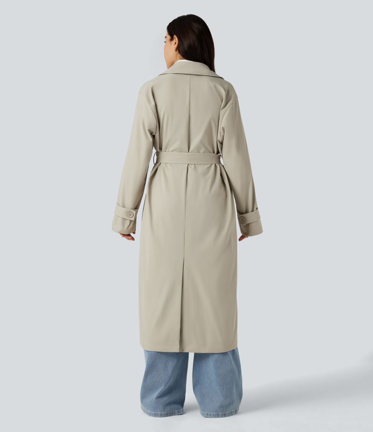Removable Hood Notched Collar Long Sleeve Belted Longline Casual Anorak Jacket with Pockets