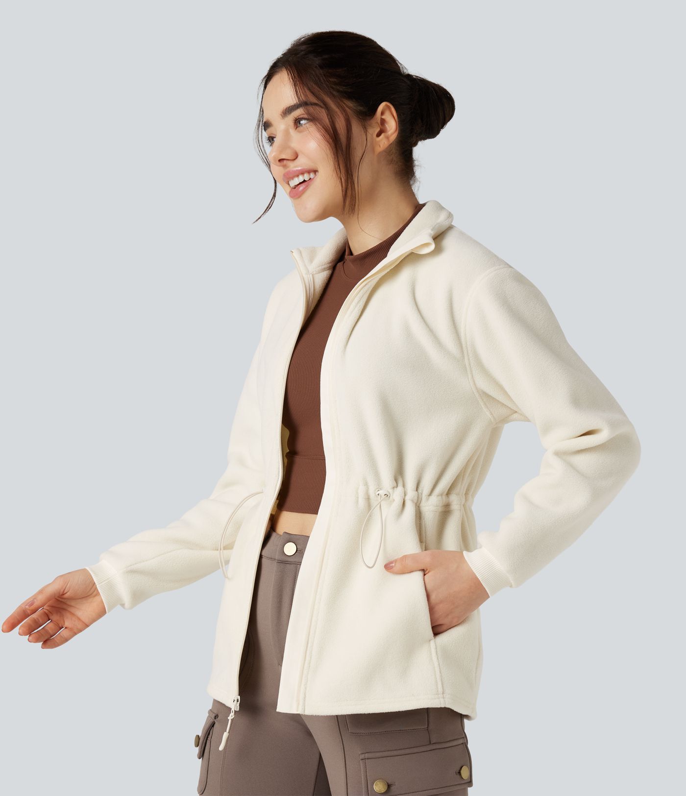 Veste polaire de randonnée col montant à manches longues avec poches