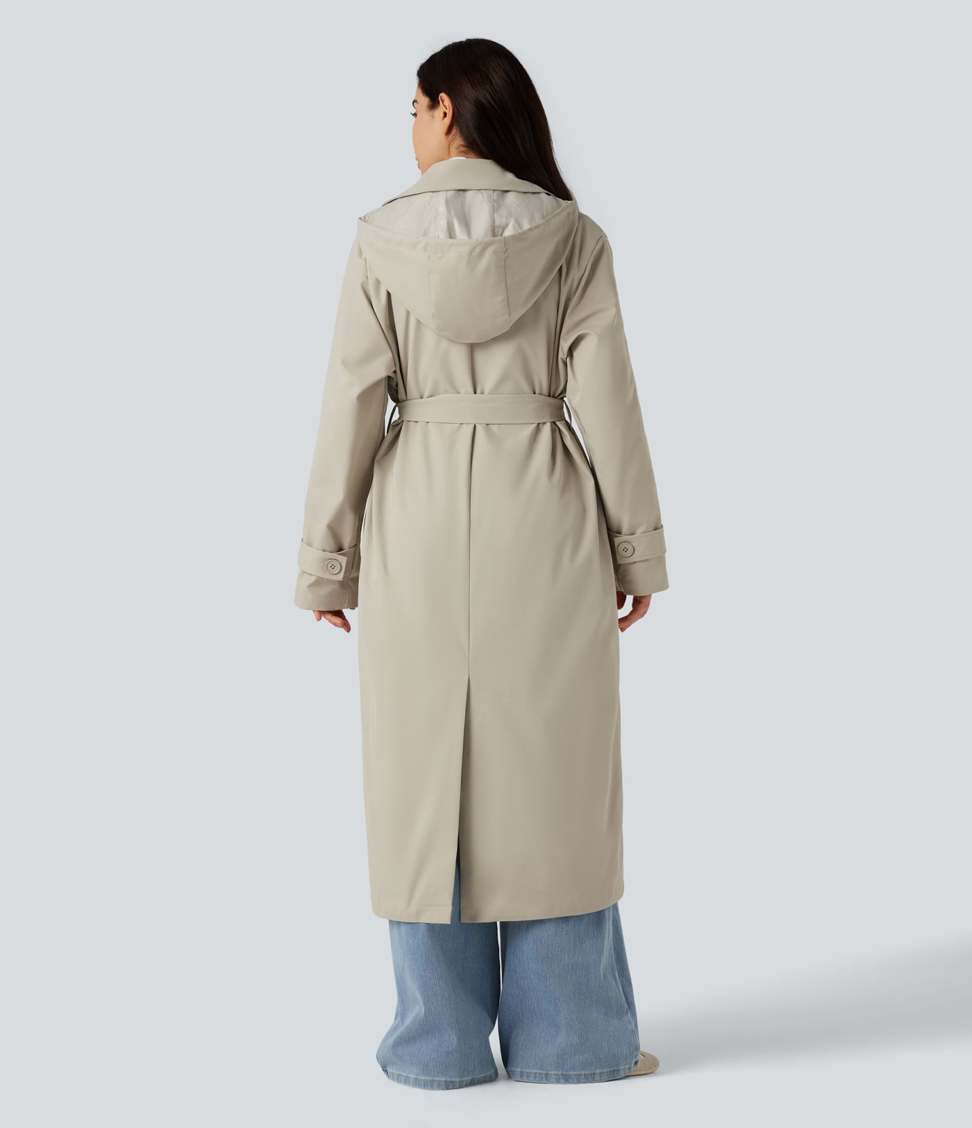 Removable Hood Notched Collar Long Sleeve Belted Longline Casual Anorak Jacket with Pockets