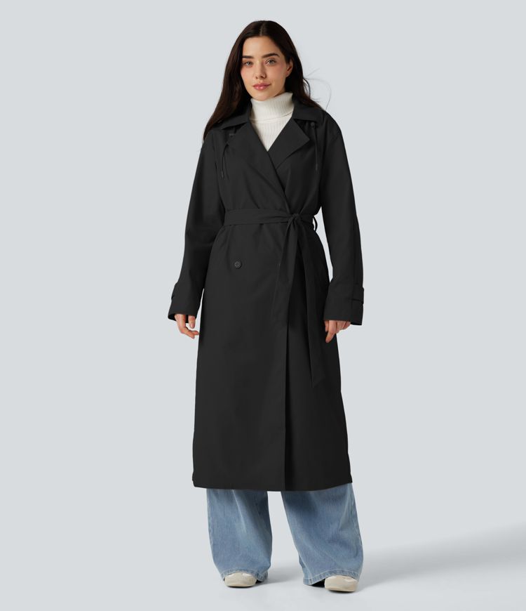 Removable Hood Notched Collar Long Sleeve Belted Longline Casual Anorak Jacket with Pockets