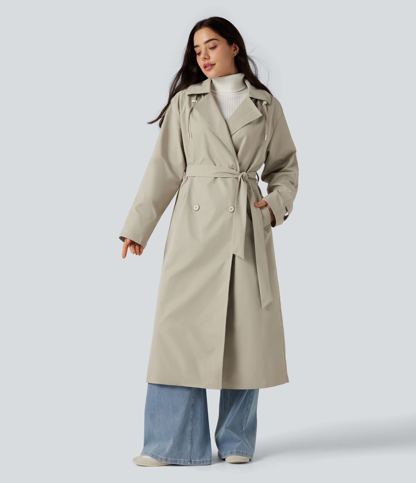 Removable Hood Notched Collar Long Sleeve Belted Longline Casual Anorak Jacket with Pockets