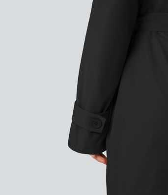 Removable Hood Notched Collar Long Sleeve Belted Longline Casual Anorak Jacket with Pockets