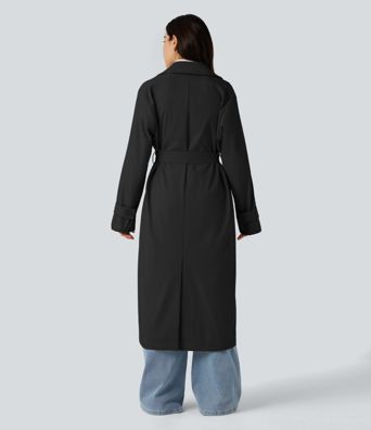 Removable Hood Notched Collar Long Sleeve Belted Longline Casual Anorak Jacket with Pockets