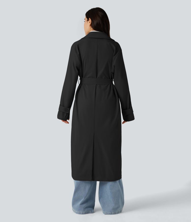 Removable Hood Notched Collar Long Sleeve Belted Longline Casual Anorak Jacket with Pockets