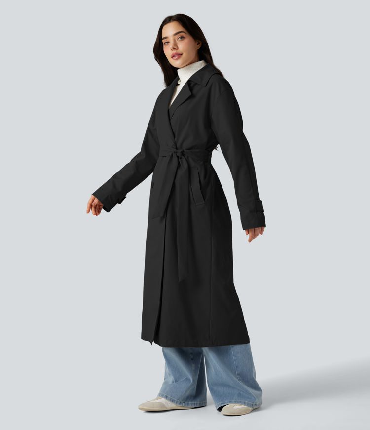 Removable Hood Notched Collar Long Sleeve Belted Longline Casual Anorak Jacket with Pockets