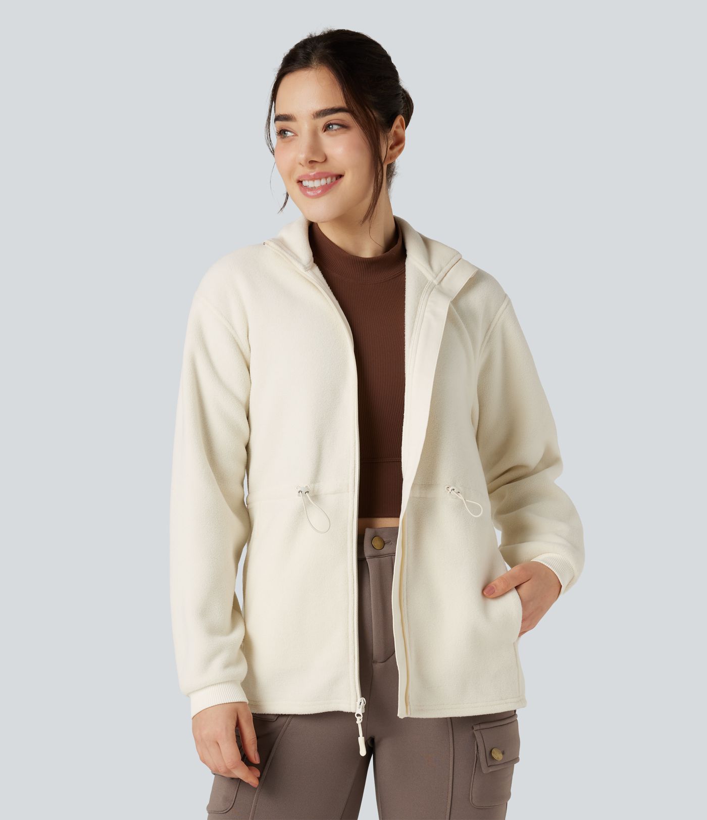 Veste polaire de randonnée col montant à manches longues avec poches