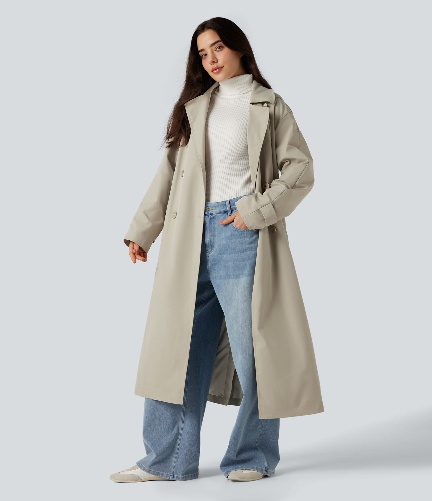 Removable Hood Notched Collar Long Sleeve Belted Longline Casual Anorak Jacket with Pockets