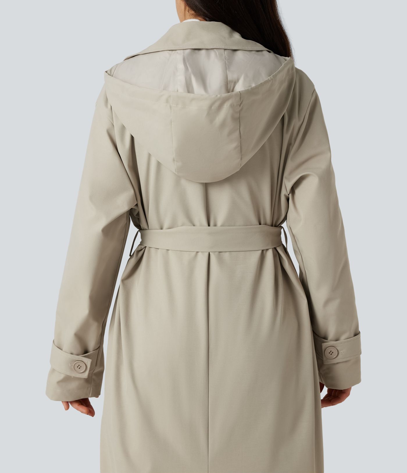 Removable Hood Notched Collar Long Sleeve Belted Longline Casual Anorak Jacket with Pockets