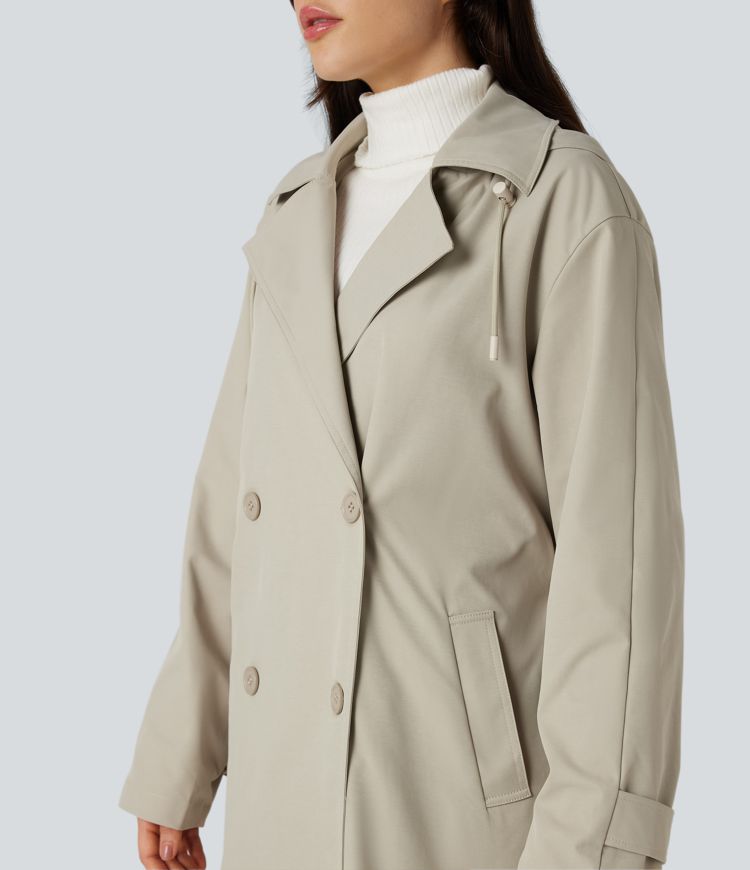 Removable Hood Notched Collar Long Sleeve Belted Longline Casual Anorak Jacket with Pockets