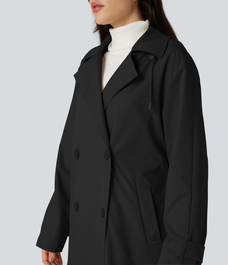 Removable Hood Notched Collar Long Sleeve Belted Longline Casual Anorak Jacket with Pockets