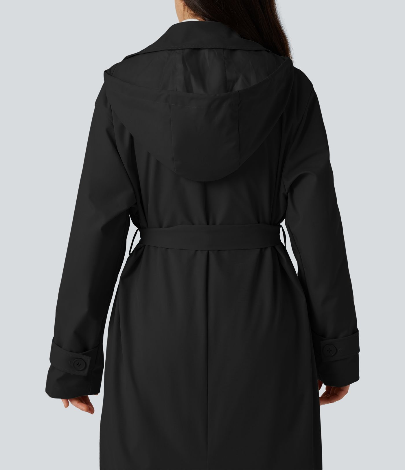 Removable Hood Notched Collar Long Sleeve Belted Longline Casual Anorak Jacket with Pockets