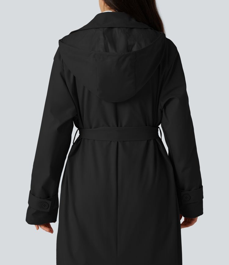 Removable Hood Notched Collar Long Sleeve Belted Longline Casual Anorak Jacket with Pockets