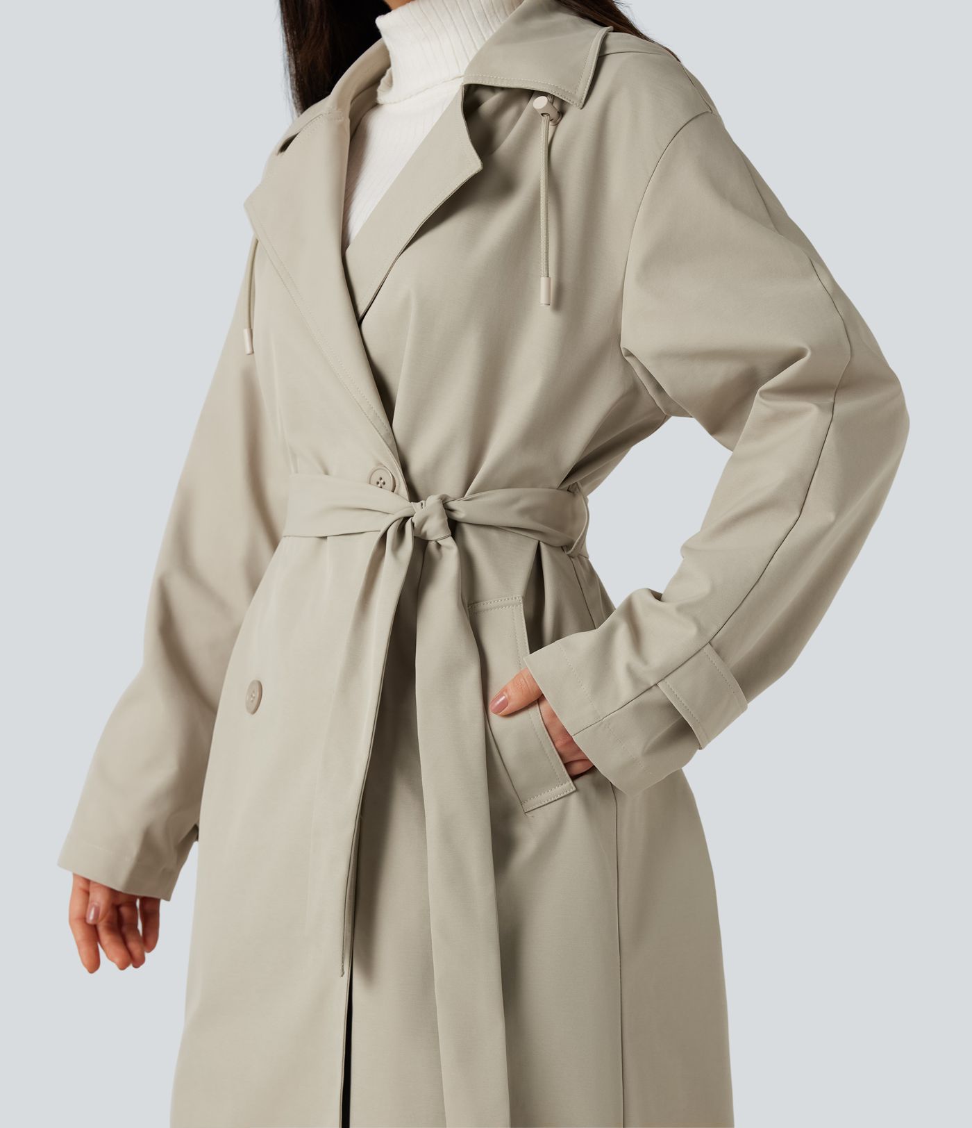 Removable Hood Notched Collar Long Sleeve Belted Longline Casual Anorak Jacket with Pockets