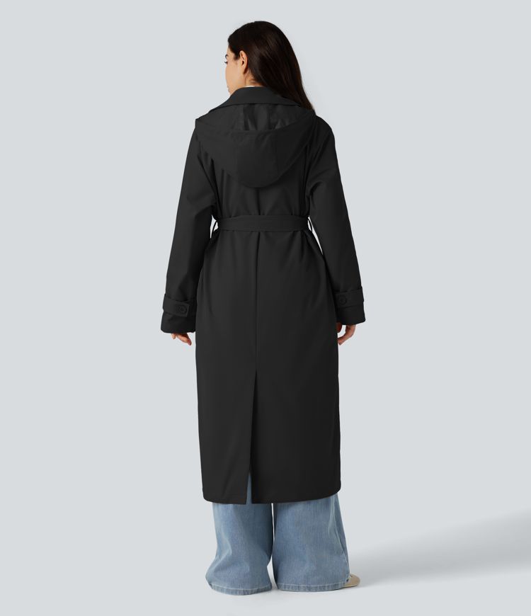 Removable Hood Notched Collar Long Sleeve Belted Longline Casual Anorak Jacket with Pockets