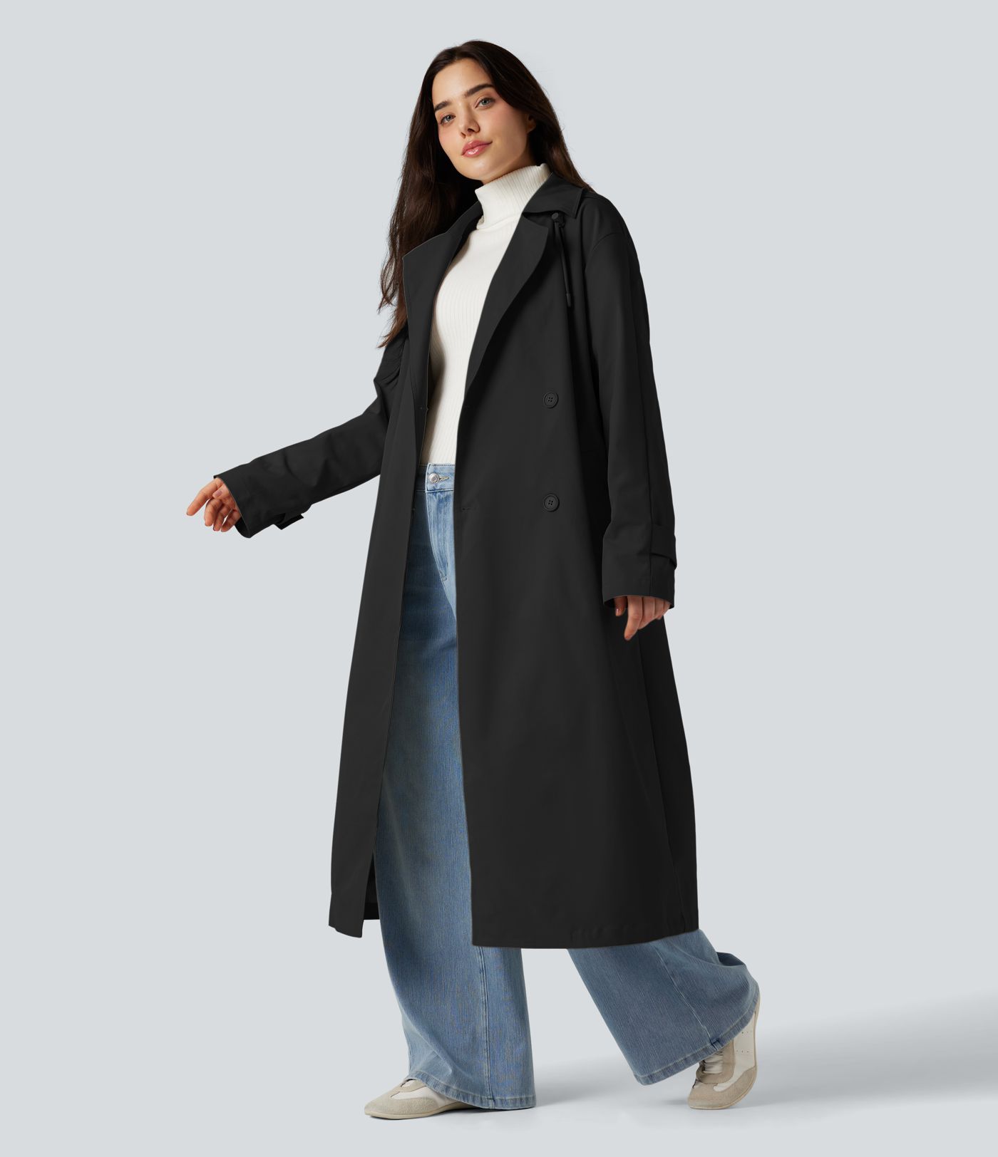 Removable Hood Notched Collar Long Sleeve Belted Longline Casual Anorak Jacket with Pockets