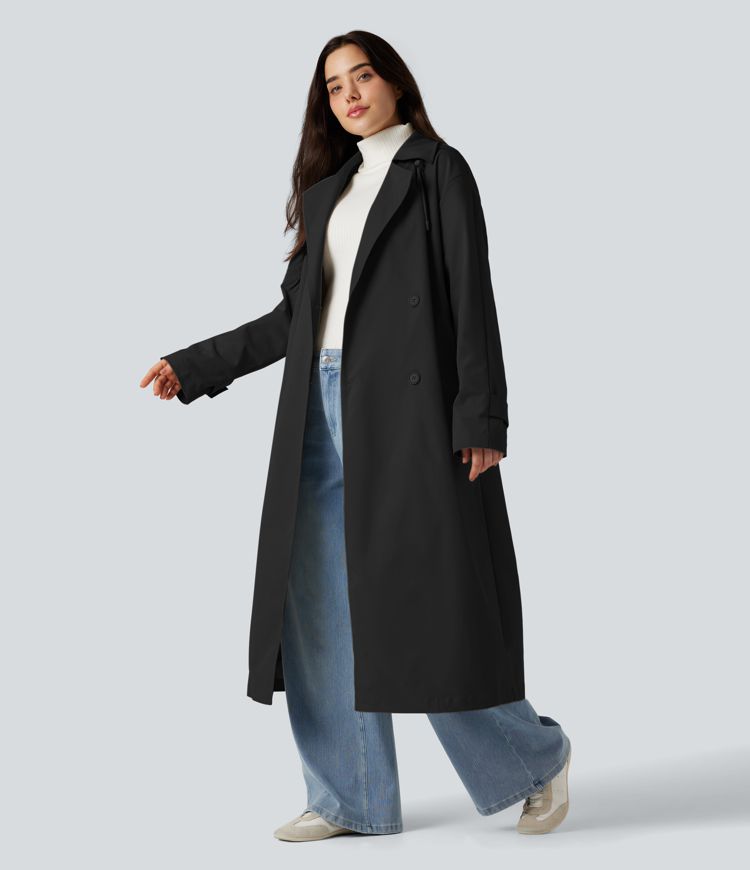 Removable Hood Notched Collar Long Sleeve Belted Longline Casual Anorak Jacket with Pockets