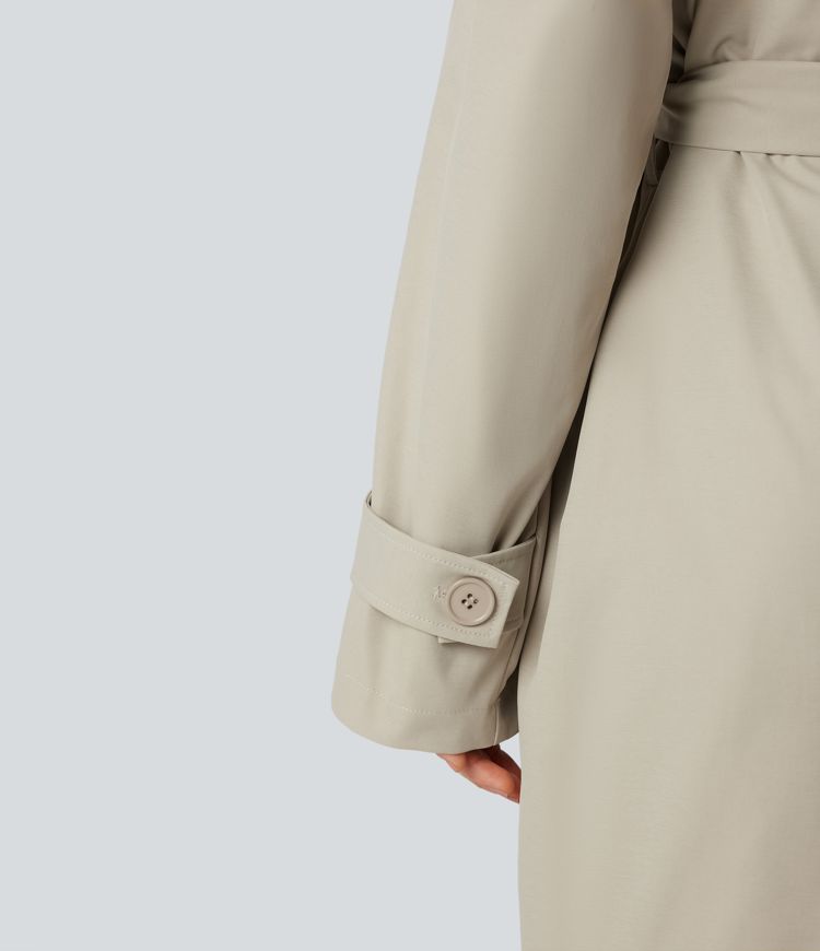 Removable Hood Notched Collar Long Sleeve Belted Longline Casual Anorak Jacket with Pockets