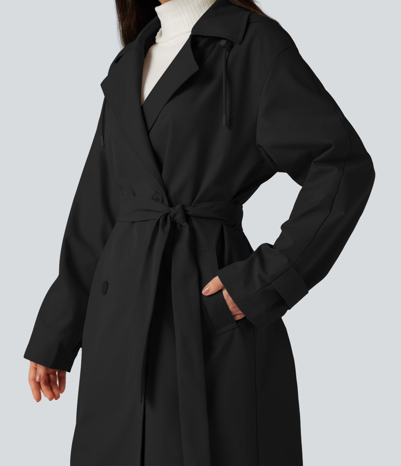 Removable Hood Notched Collar Long Sleeve Belted Longline Casual Anorak Jacket with Pockets