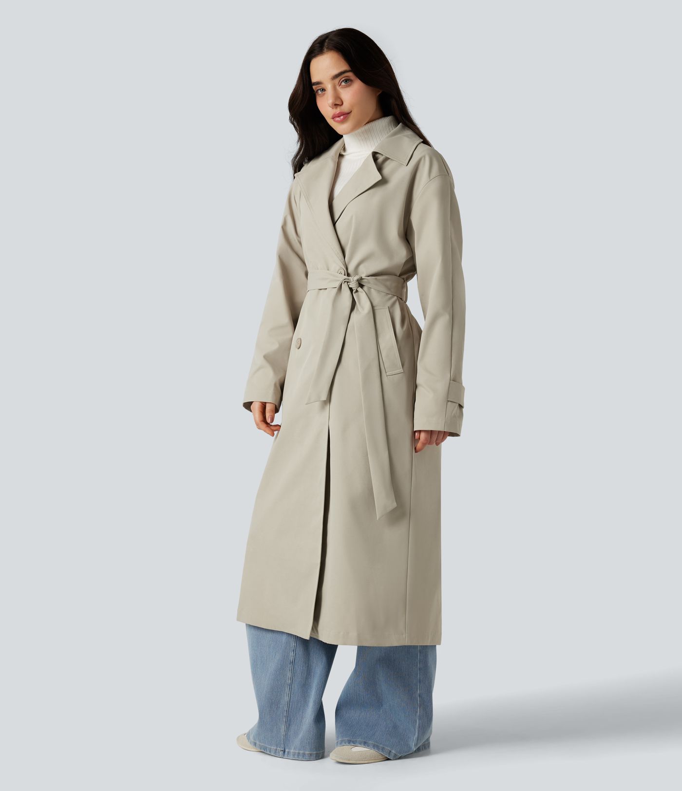 Removable Hood Notched Collar Long Sleeve Belted Longline Casual Anorak Jacket with Pockets