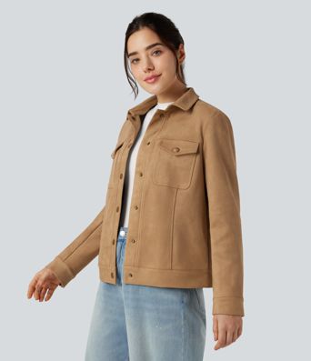 Veste décontractée effet daim à col et manches longues avec poches