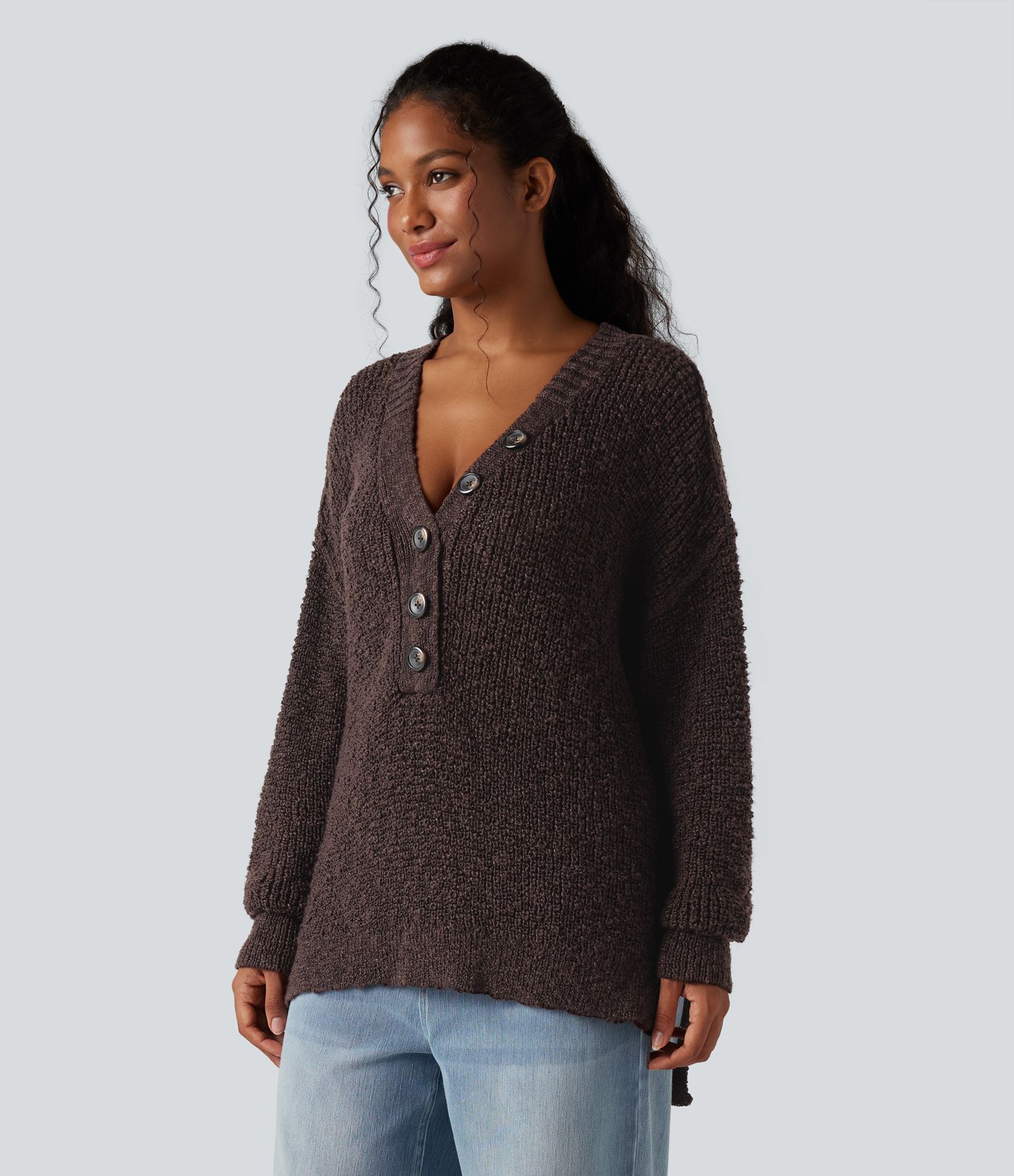 V Neck Long Sleeve High Low Casual Jumper