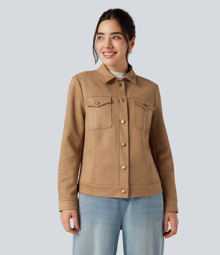 Veste décontractée effet daim à col et manches longues avec poches