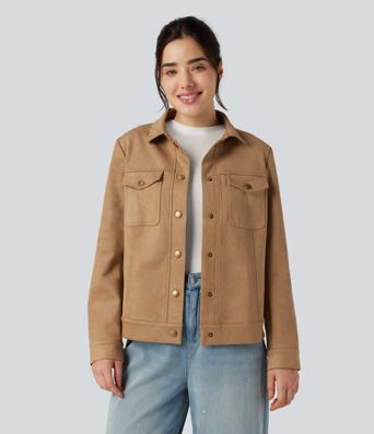 Veste décontractée effet daim à col et manches longues avec poches